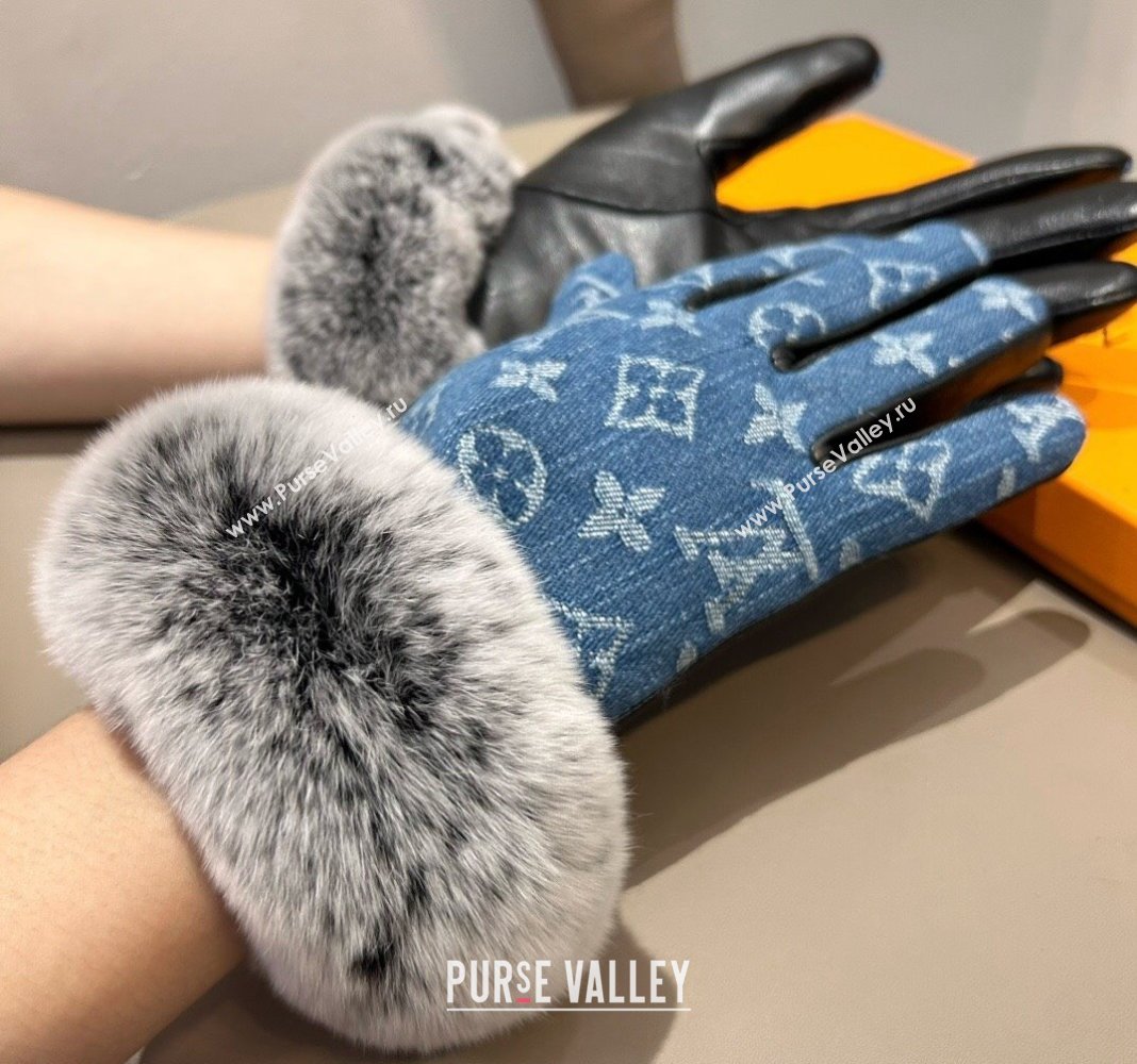 Louis Vuitton Fur, Denim and Leather Gloves Blue2 2024 1023 (A-241023123)