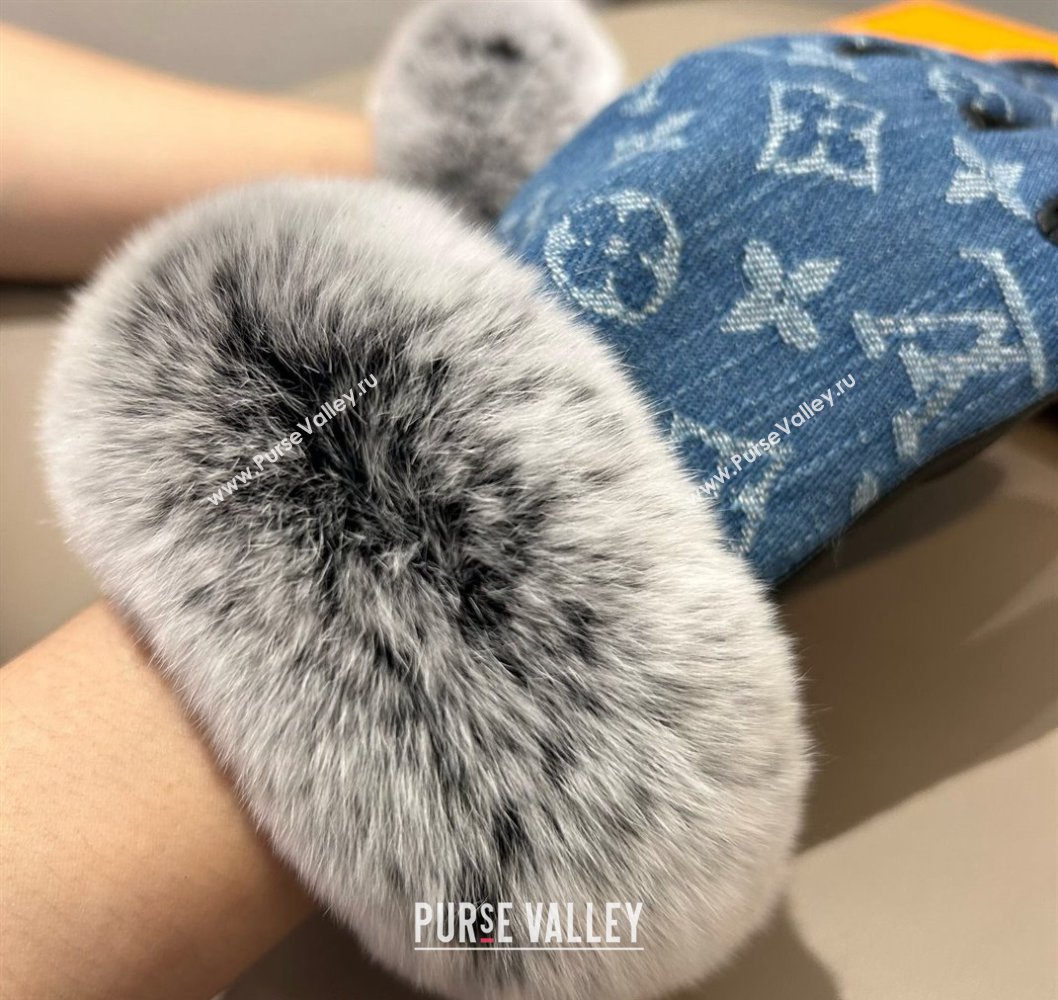 Louis Vuitton Fur, Denim and Leather Gloves Blue2 2024 1023 (A-241023123)