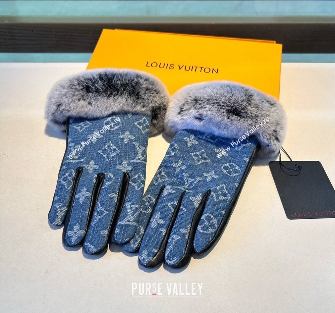 Louis Vuitton Fur, Denim and Leather Gloves Blue2 2024 1023 (A-241023123)