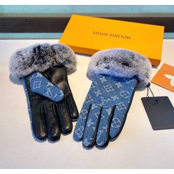 Louis Vuitton Fur, Denim and Leather Gloves Blue2 2024 1023 (A-241023123)