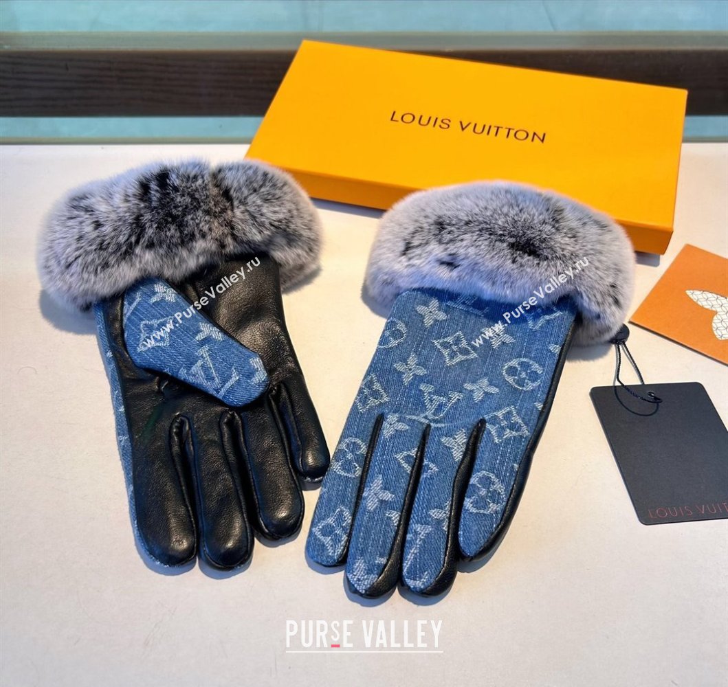 Louis Vuitton Fur, Denim and Leather Gloves Blue2 2024 1023 (A-241023123)