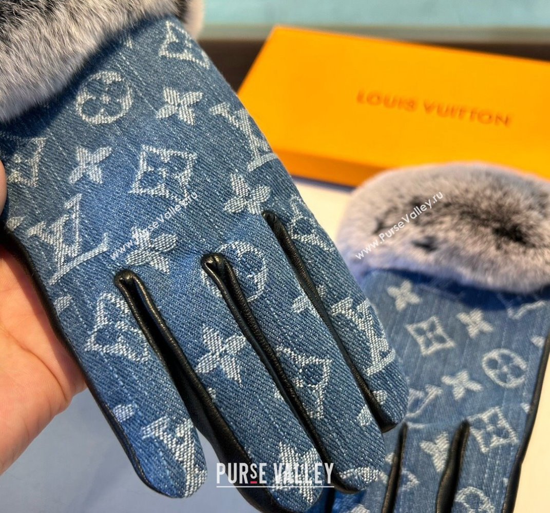 Louis Vuitton Fur, Denim and Leather Gloves Blue2 2024 1023 (A-241023123)