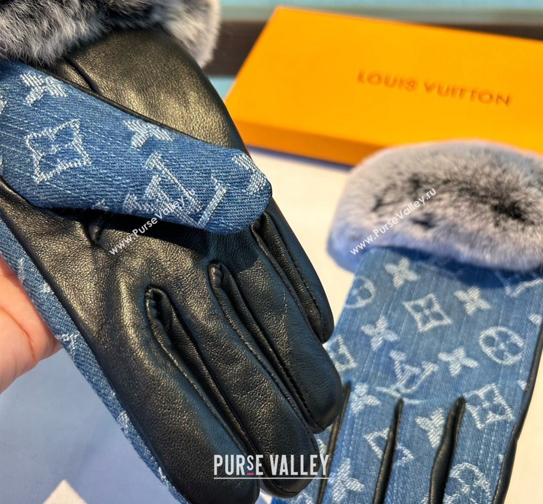 Louis Vuitton Fur, Denim and Leather Gloves Blue2 2024 1023 (A-241023123)