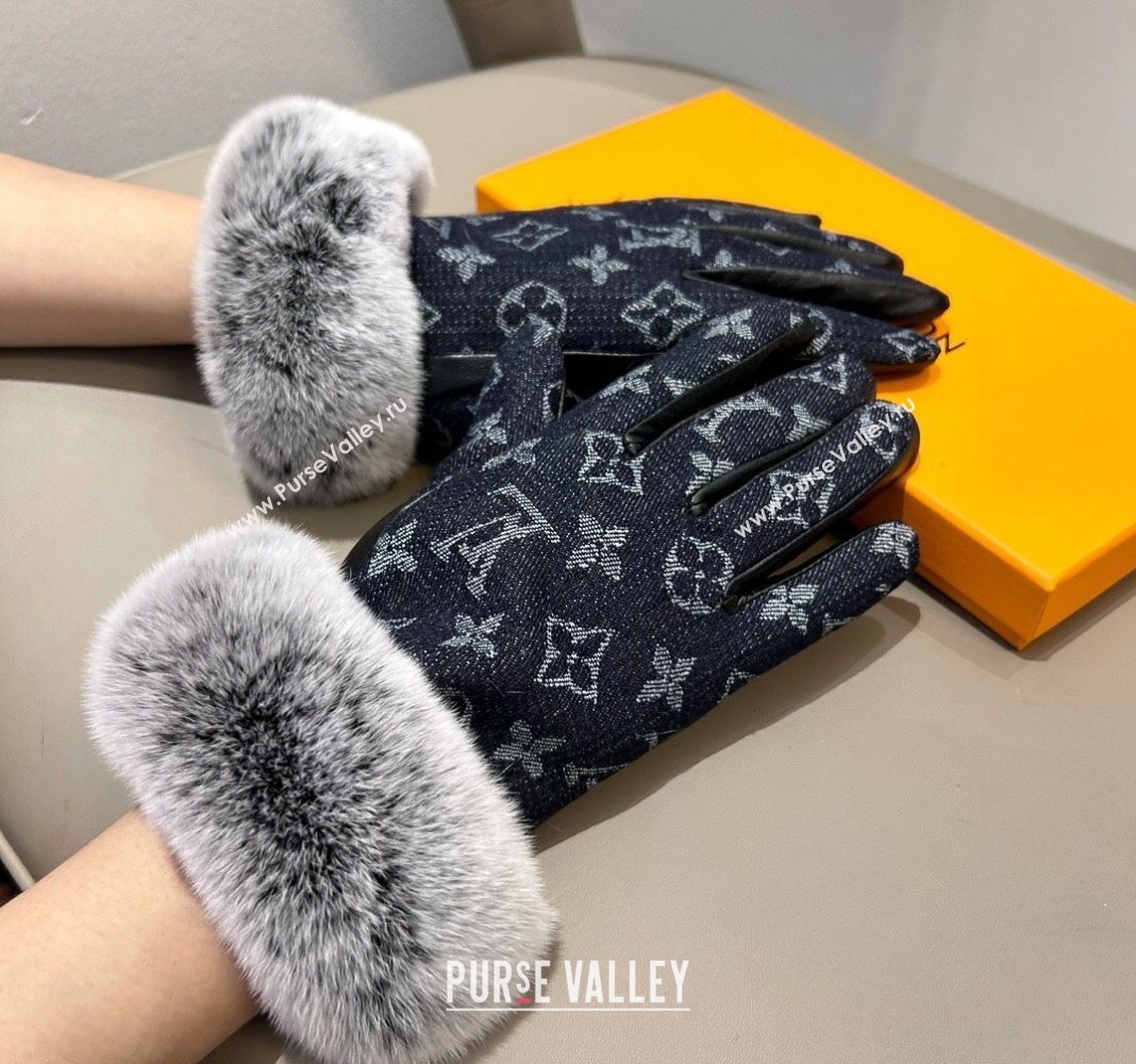 Louis Vuitton Fur, Denim and Leather Gloves Deep Blue 2024 1023 (A-241023124)