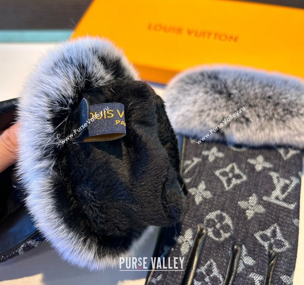 Louis Vuitton Fur, Denim and Leather Gloves Deep Blue 2024 1023 (A-241023124)