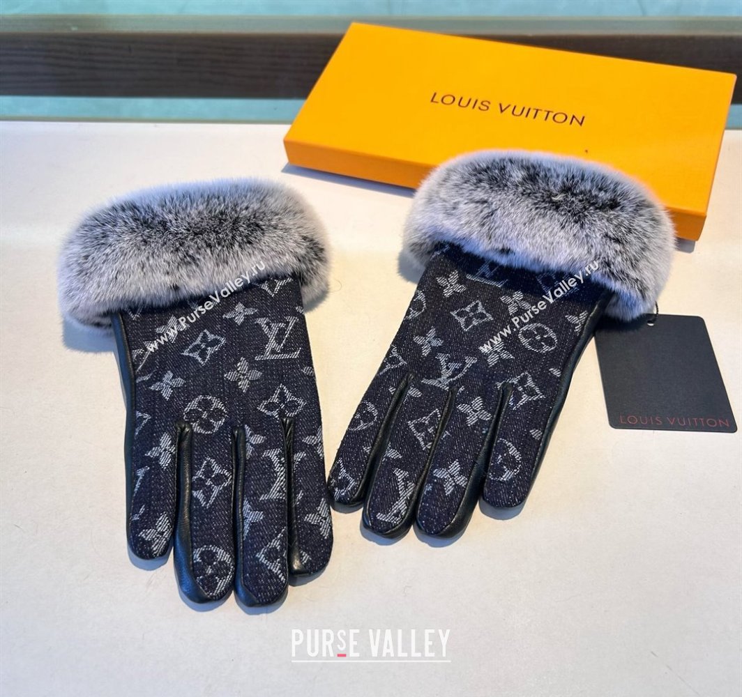 Louis Vuitton Fur, Denim and Leather Gloves Deep Blue 2024 1023 (A-241023124)