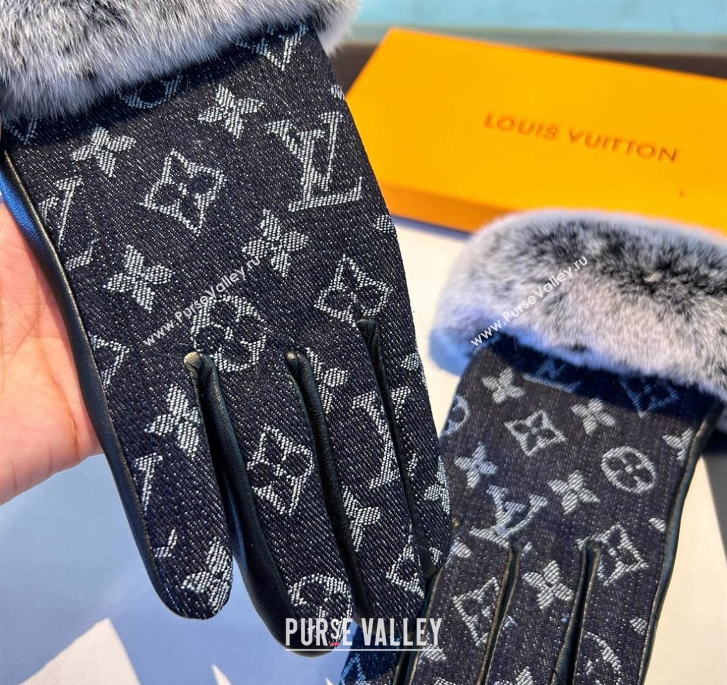 Louis Vuitton Fur, Denim and Leather Gloves Deep Blue 2024 1023 (A-241023124)