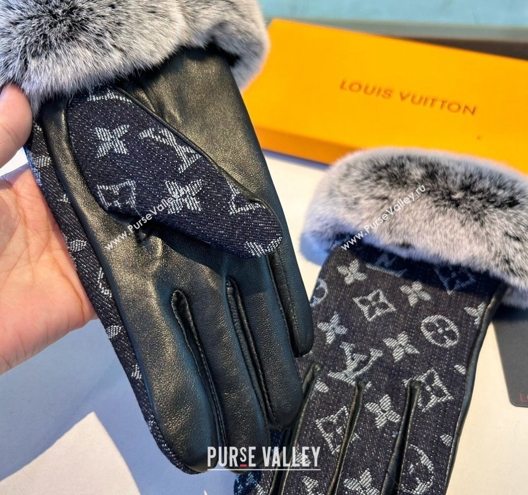 Louis Vuitton Fur, Denim and Leather Gloves Deep Blue 2024 1023 (A-241023124)