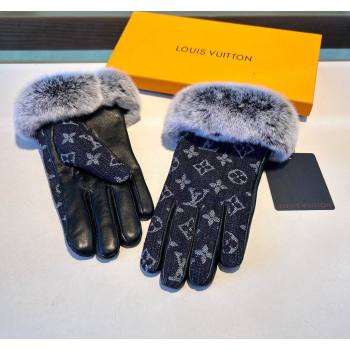 Louis Vuitton Fur, Denim and Leather Gloves Deep Blue 2024 1023 (A-241023124)