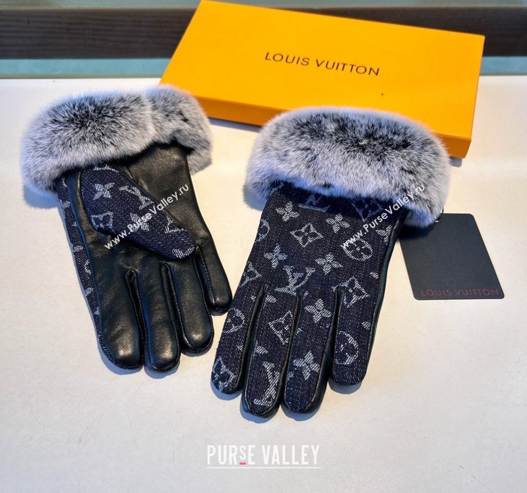 Louis Vuitton Fur, Denim and Leather Gloves Deep Blue 2024 1023 (A-241023124)