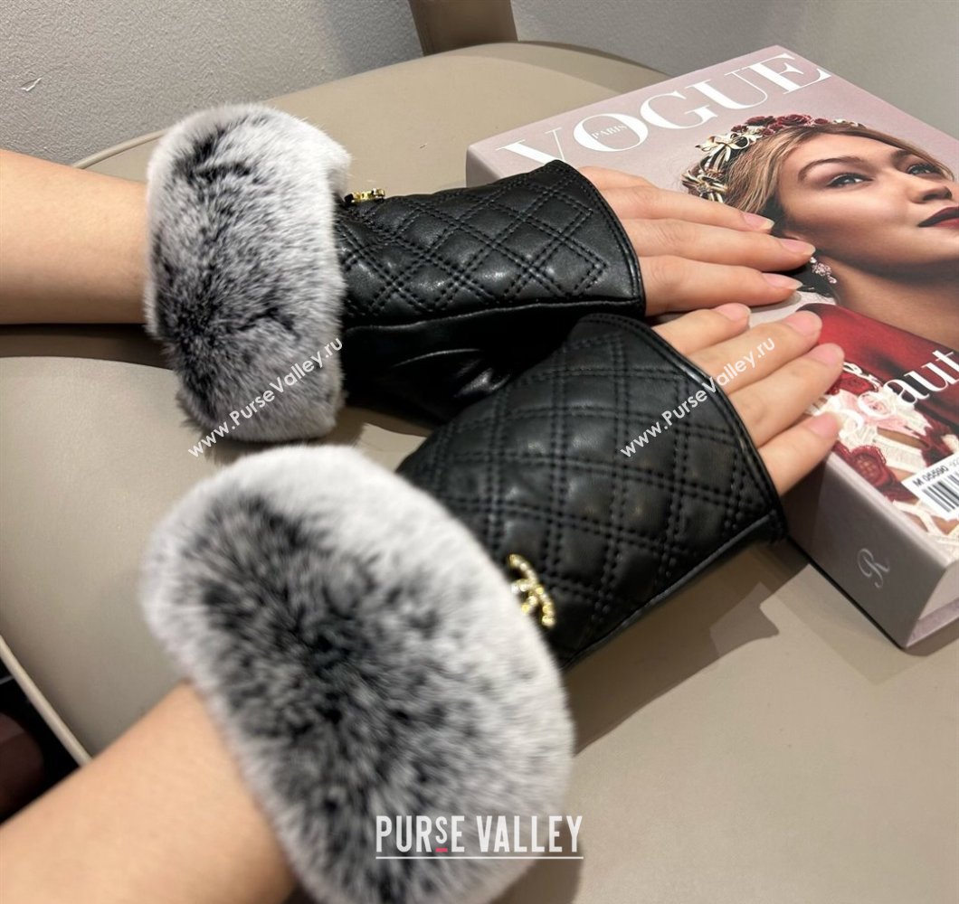 Chanel Lambskin and Rabbit Fur Short Gloves Black 2024 1022 (A-241023141)