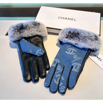 Chanel Fur, Denim and Leather Gloves Blue2 2024 1023 (A-241023125)