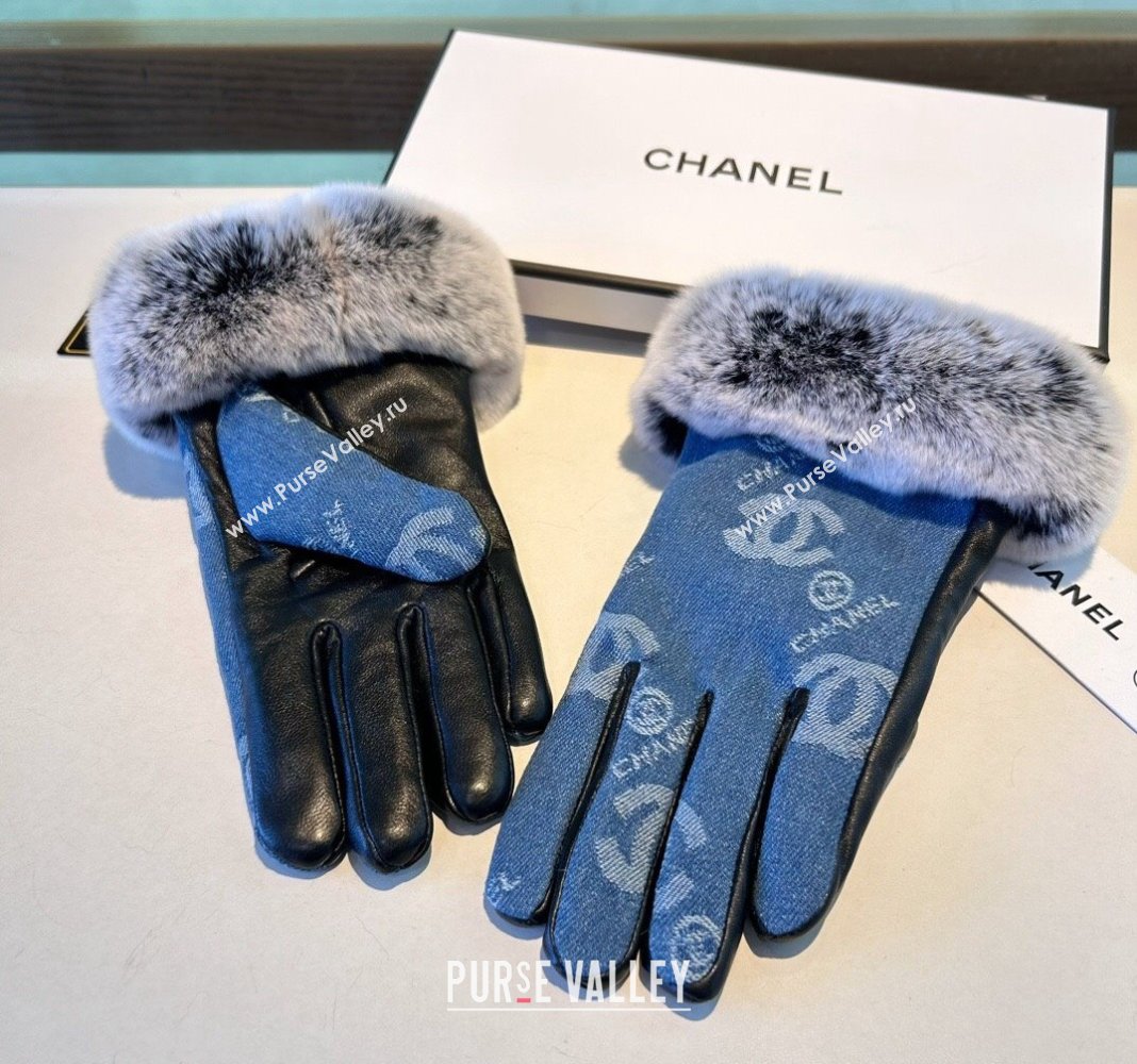 Chanel Fur, Denim and Leather Gloves Blue2 2024 1023 (A-241023125)