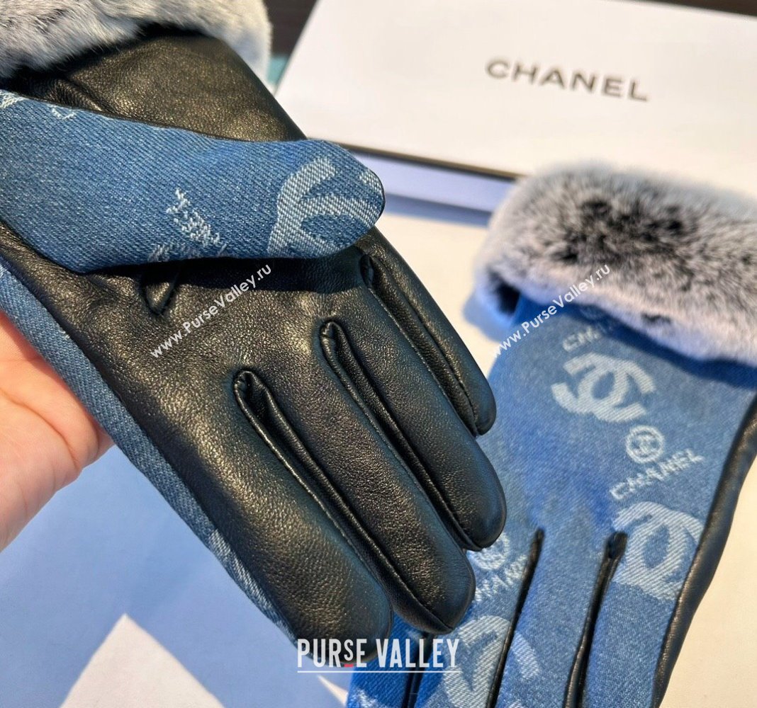 Chanel Fur, Denim and Leather Gloves Blue2 2024 1023 (A-241023125)