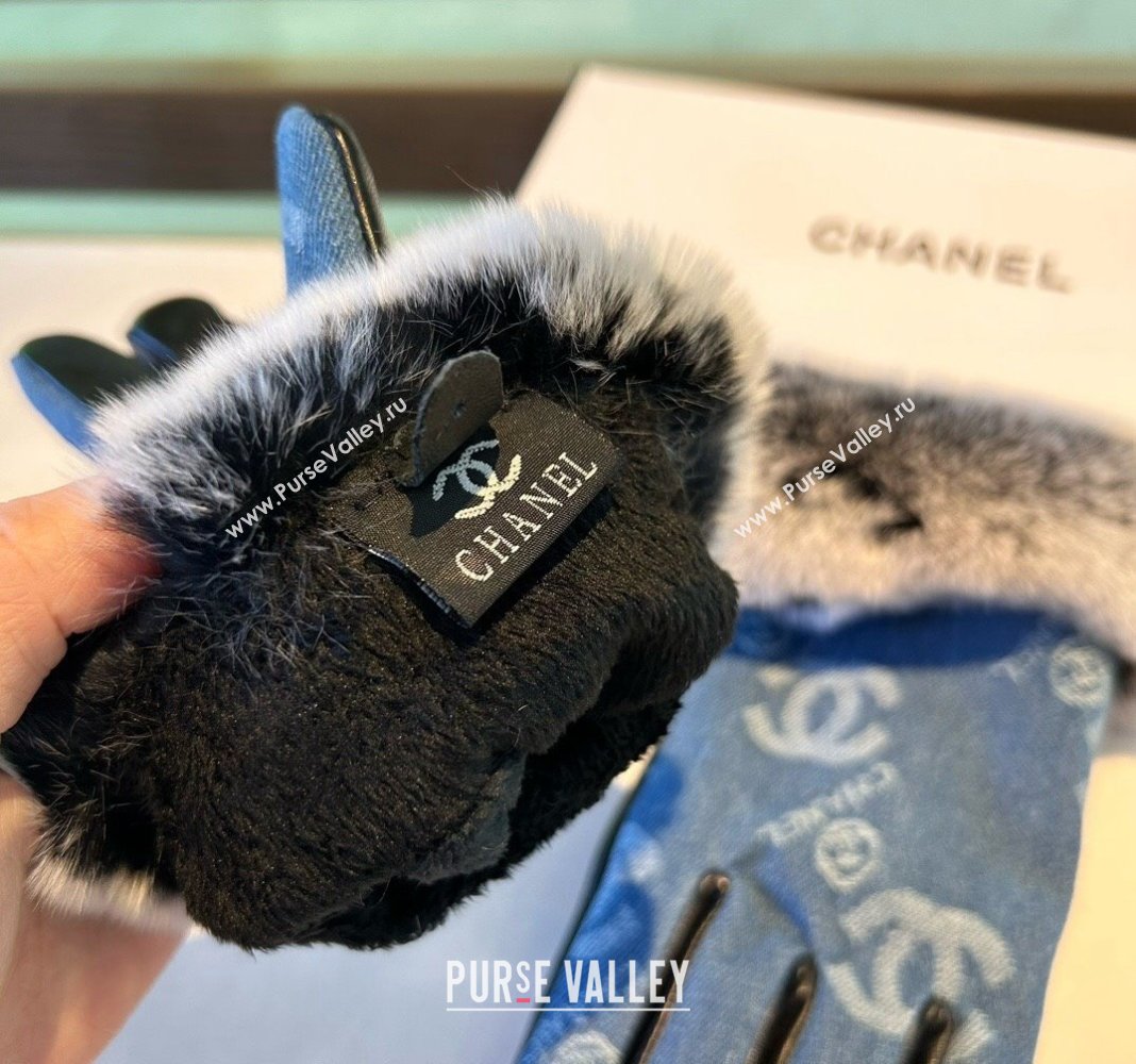 Chanel Fur, Denim and Leather Gloves Blue2 2024 1023 (A-241023125)