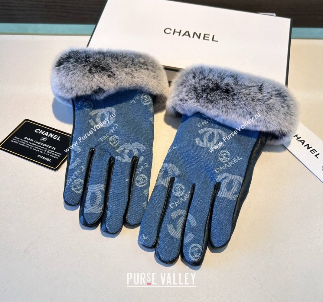 Chanel Fur, Denim and Leather Gloves Blue2 2024 1023 (A-241023125)