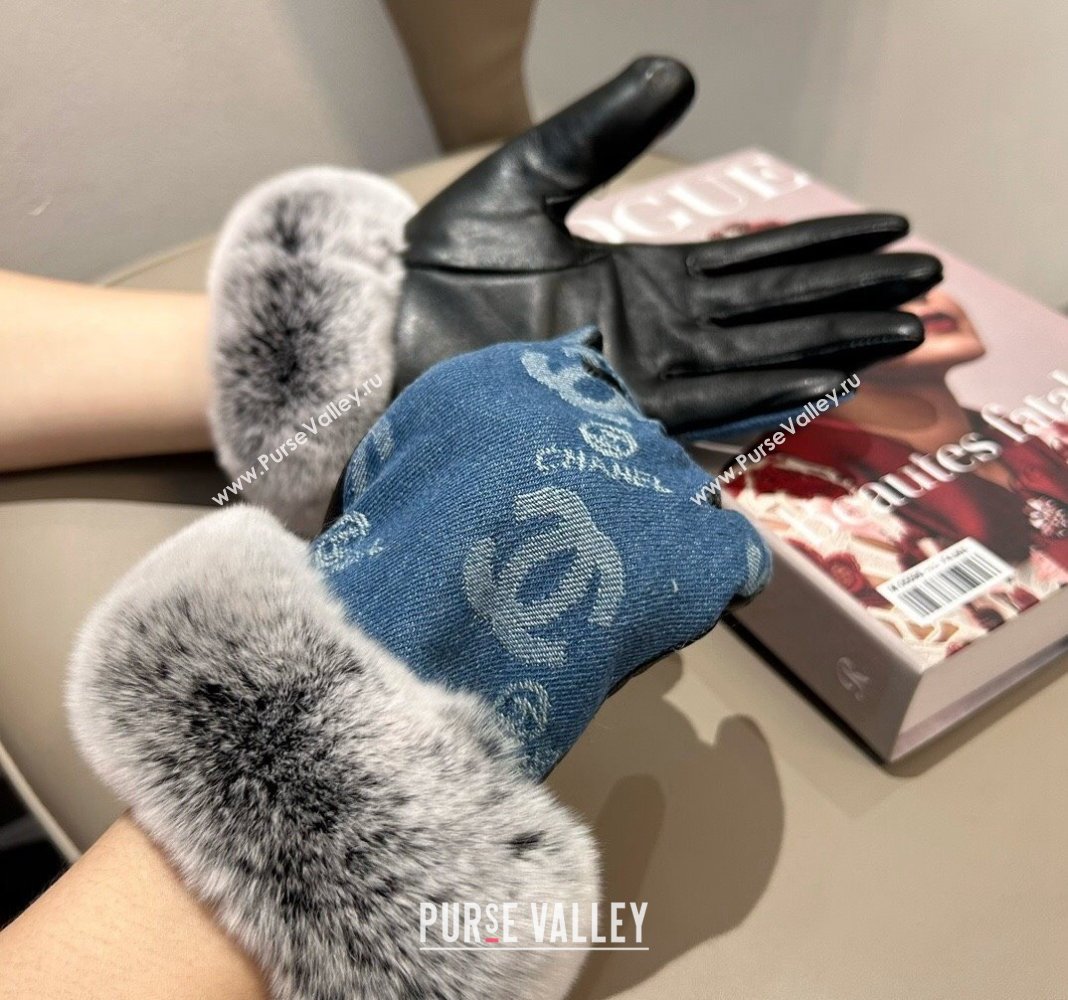 Chanel Fur, Denim and Leather Gloves Blue2 2024 1023 (A-241023125)