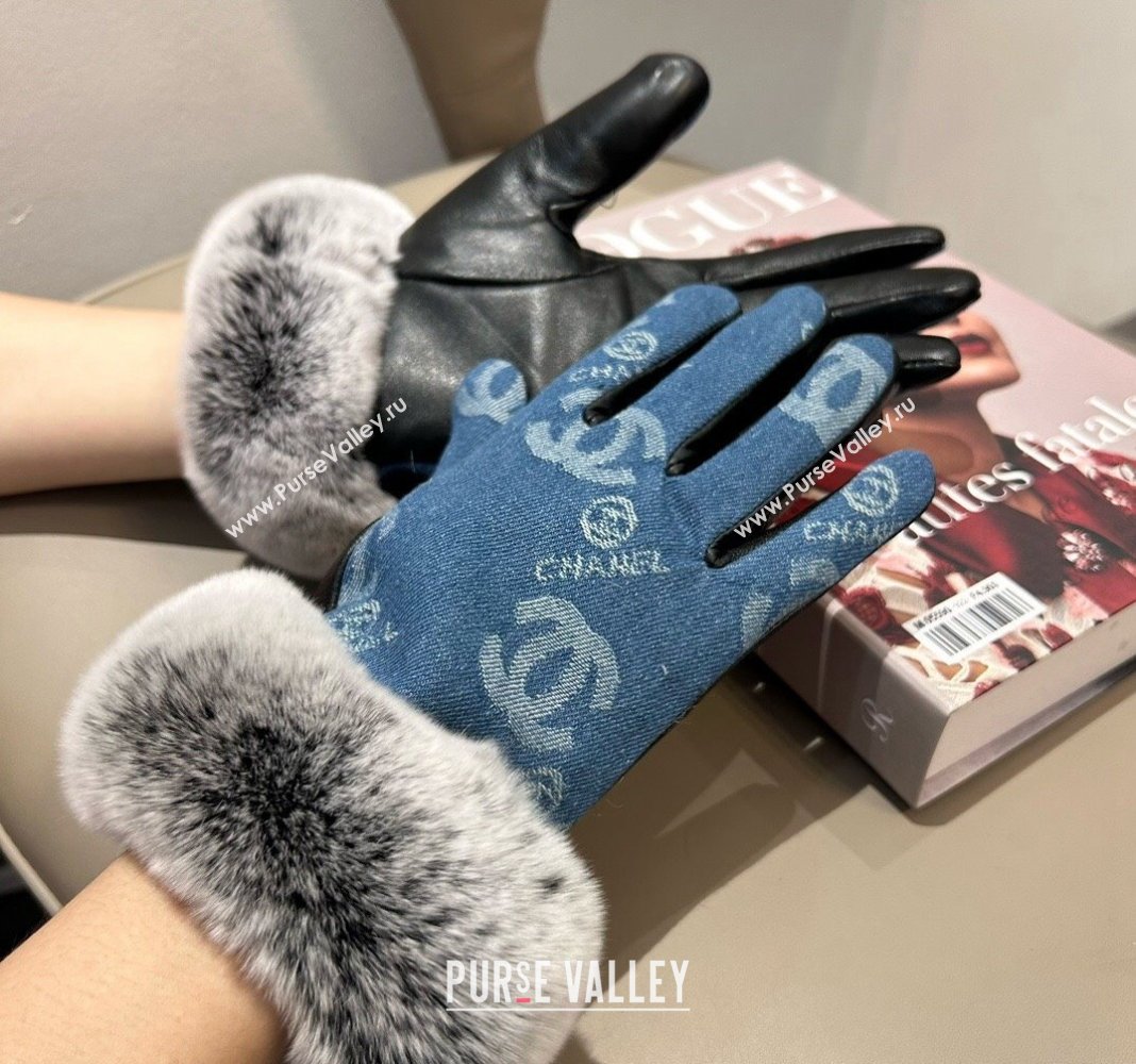 Chanel Fur, Denim and Leather Gloves Blue2 2024 1023 (A-241023125)