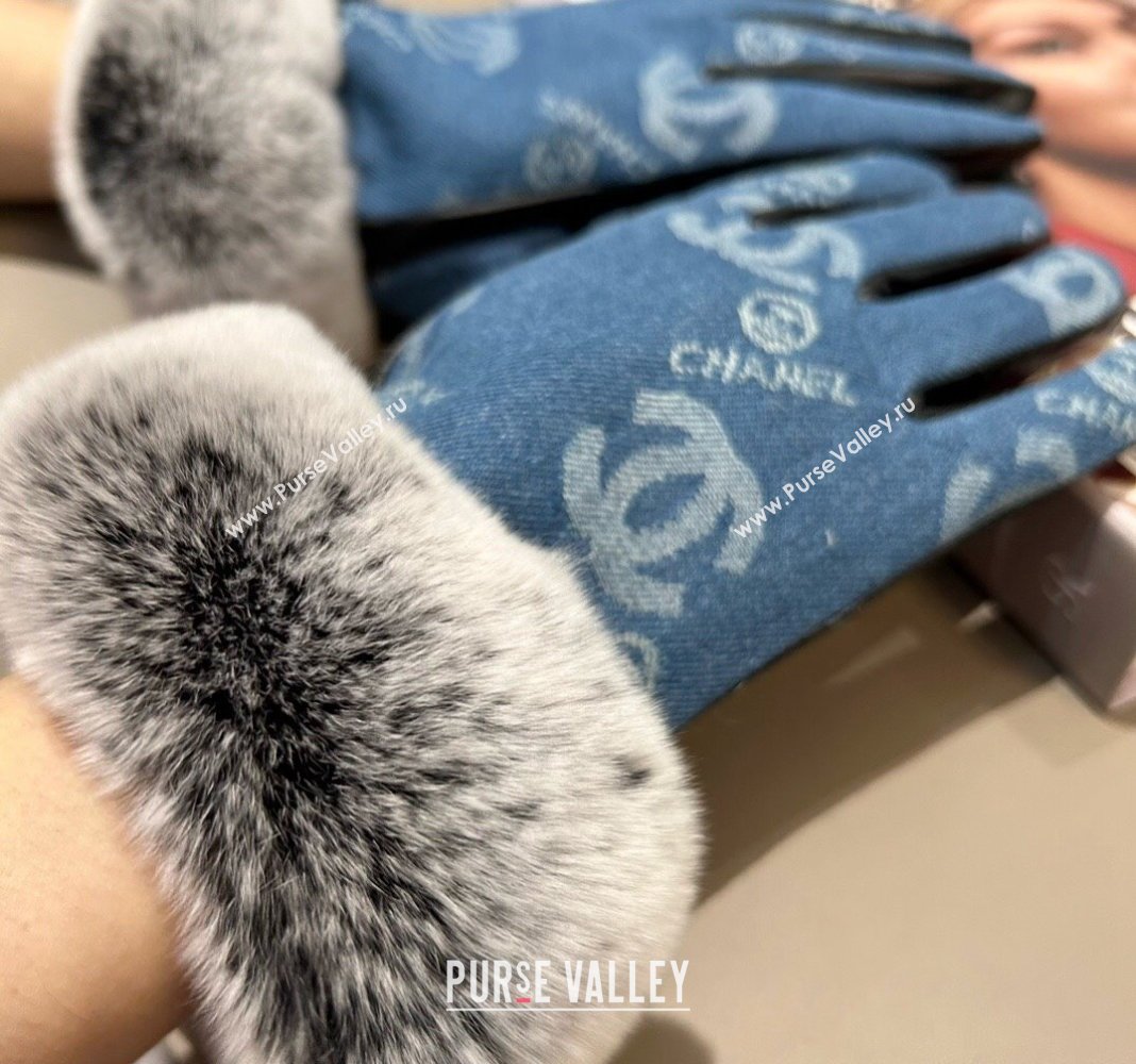 Chanel Fur, Denim and Leather Gloves Blue2 2024 1023 (A-241023125)