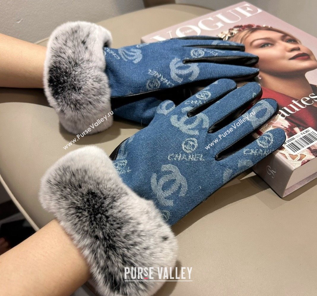 Chanel Fur, Denim and Leather Gloves Blue2 2024 1023 (A-241023125)