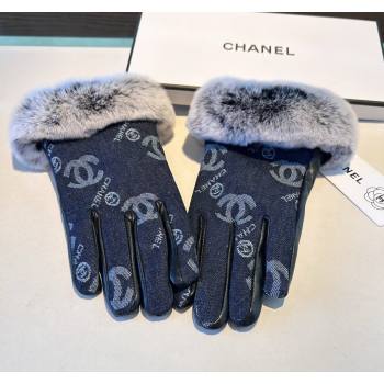 Chanel Fur, Denim and Leather Gloves Deep Blue 2024 1023 (A-241023126)