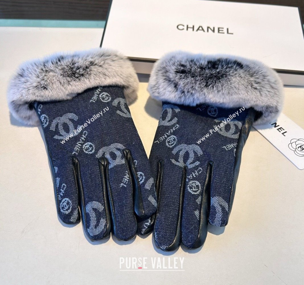 Chanel Fur, Denim and Leather Gloves Deep Blue 2024 1023 (A-241023126)