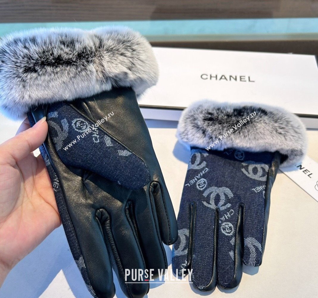 Chanel Fur, Denim and Leather Gloves Deep Blue 2024 1023 (A-241023126)