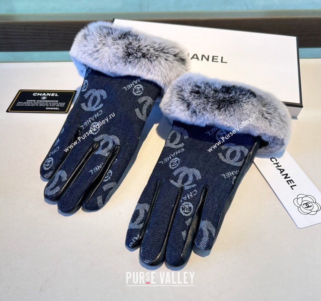 Chanel Fur, Denim and Leather Gloves Deep Blue 2024 1023 (A-241023126)