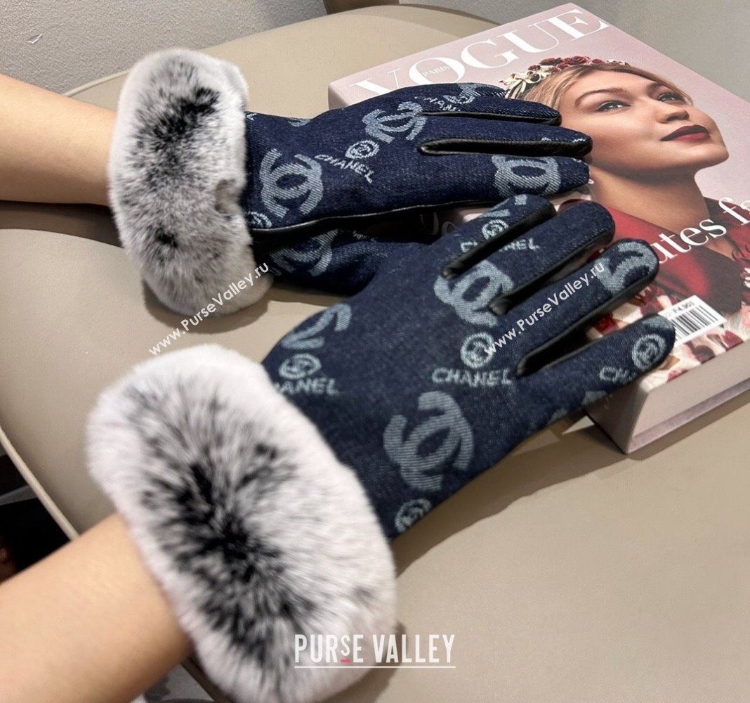 Chanel Fur, Denim and Leather Gloves Deep Blue 2024 1023 (A-241023126)