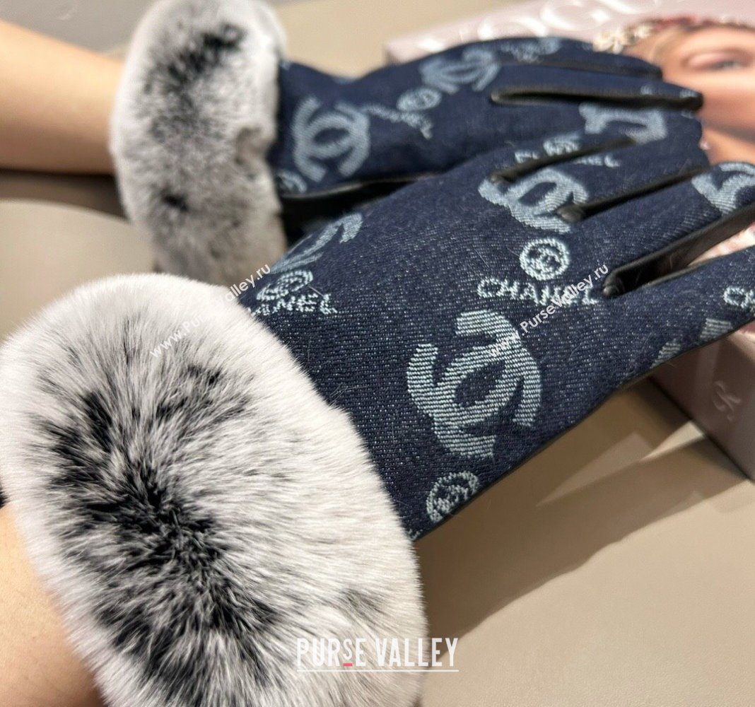 Chanel Fur, Denim and Leather Gloves Deep Blue 2024 1023 (A-241023126)