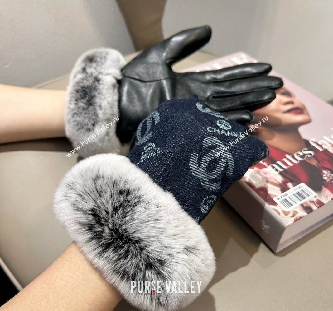 Chanel Fur, Denim and Leather Gloves Deep Blue 2024 1023 (A-241023126)