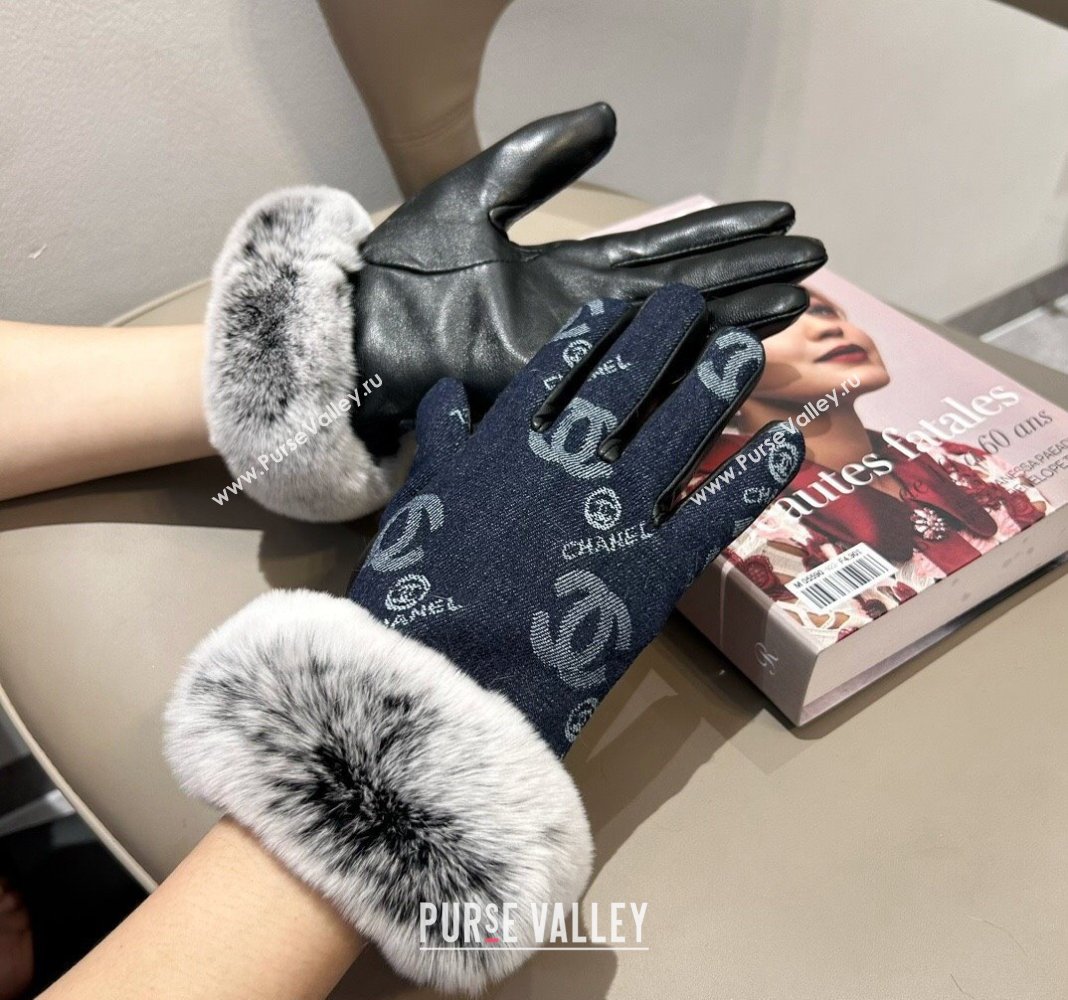 Chanel Fur, Denim and Leather Gloves Deep Blue 2024 1023 (A-241023126)