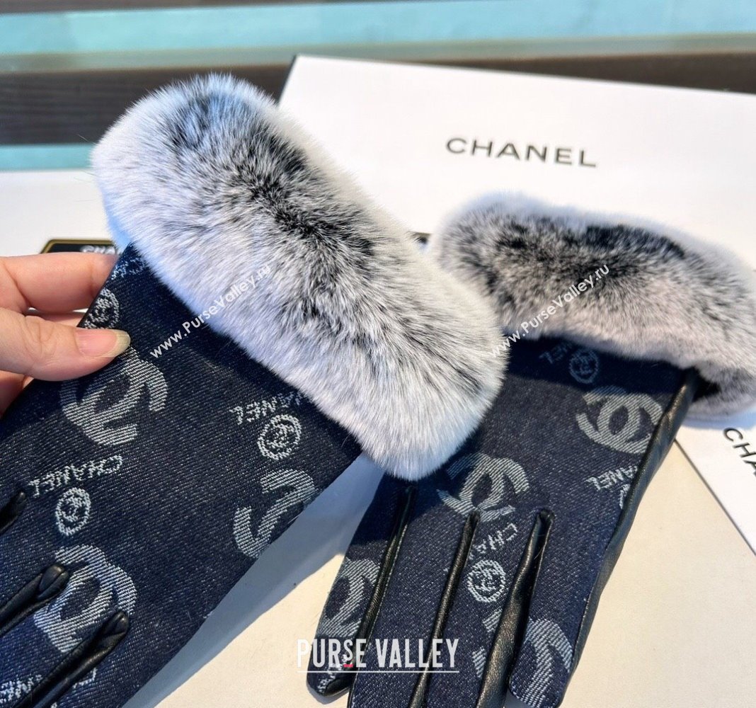 Chanel Fur, Denim and Leather Gloves Deep Blue 2024 1023 (A-241023126)