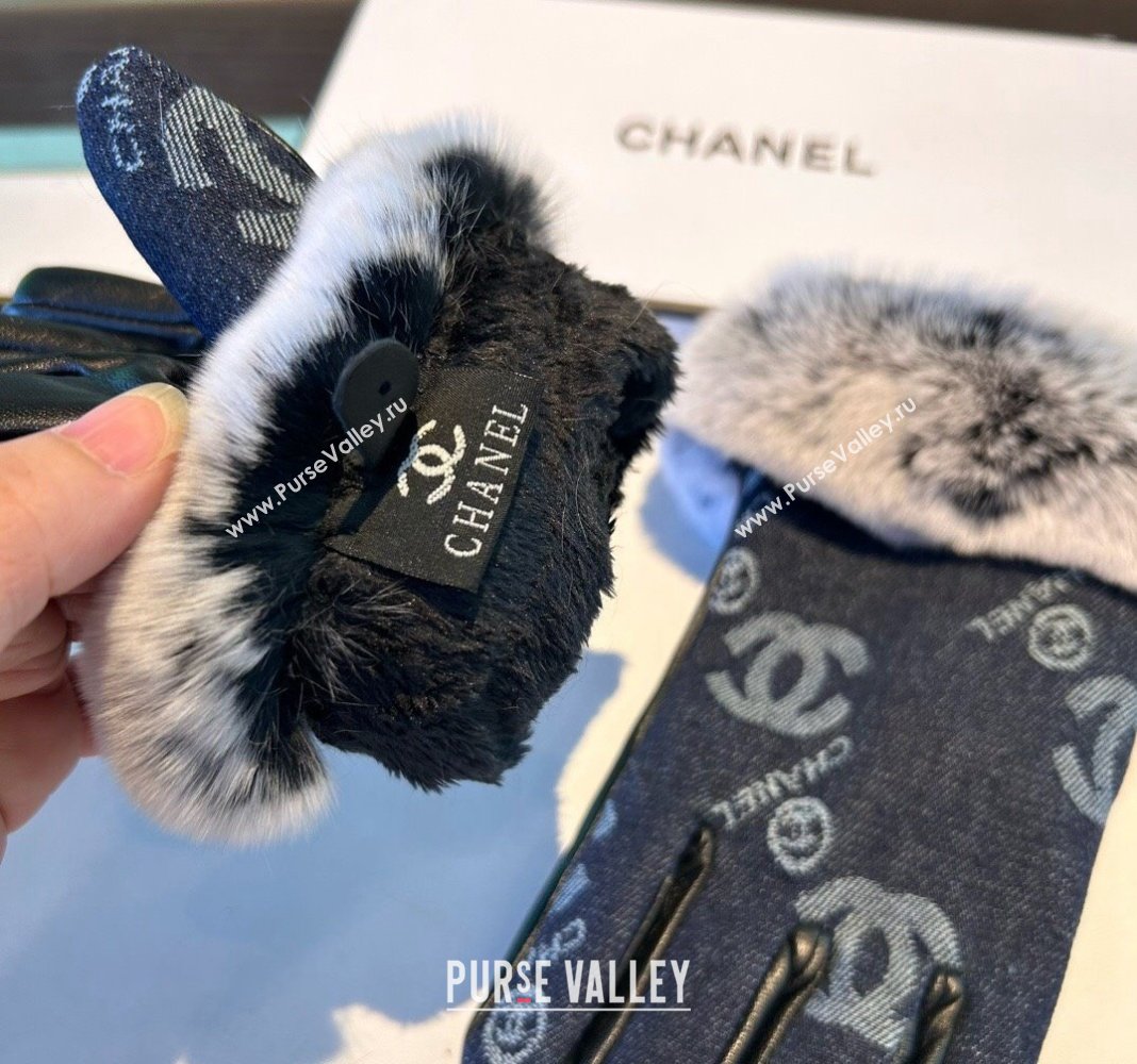 Chanel Fur, Denim and Leather Gloves Deep Blue 2024 1023 (A-241023126)