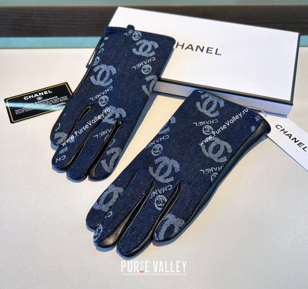 Chanel CC Denim and Leather Gloves Deep Blue 2024 1023 (A-241023127)