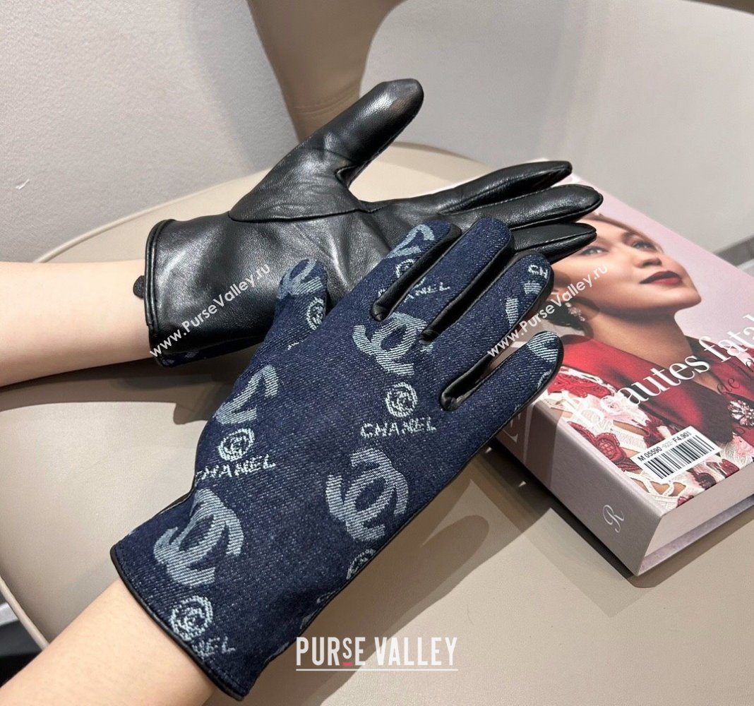 Chanel CC Denim and Leather Gloves Deep Blue 2024 1023 (A-241023127)