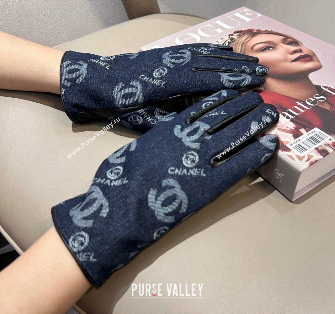 Chanel CC Denim and Leather Gloves Deep Blue 2024 1023 (A-241023127)