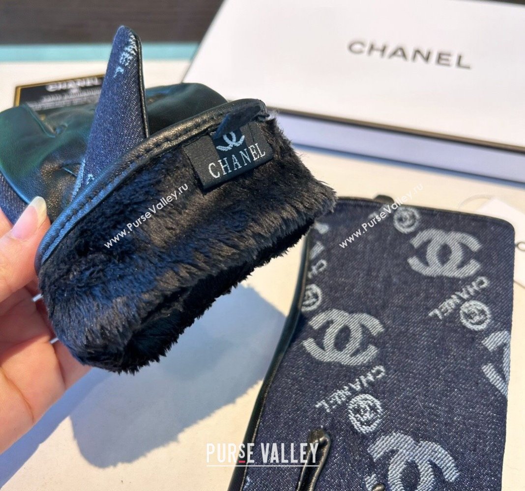 Chanel CC Denim and Leather Gloves Deep Blue 2024 1023 (A-241023127)