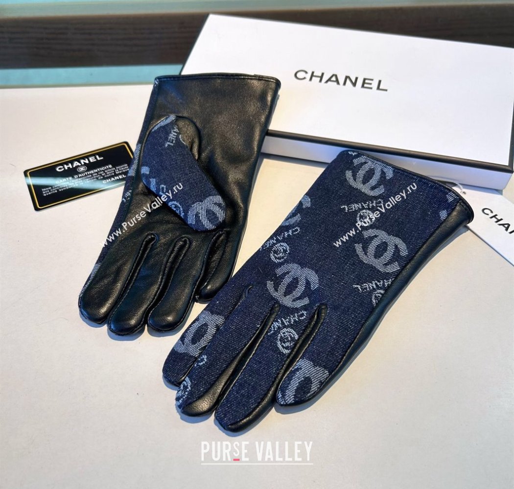 Chanel CC Denim and Leather Gloves Deep Blue 2024 1023 (A-241023127)