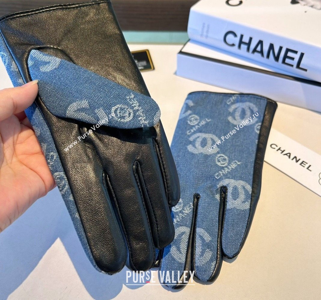 Chanel CC Denim and Leather Gloves Blue2 2024 1023 (A-241023128)