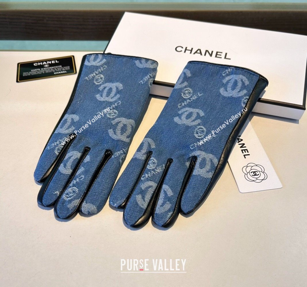 Chanel CC Denim and Leather Gloves Blue2 2024 1023 (A-241023128)