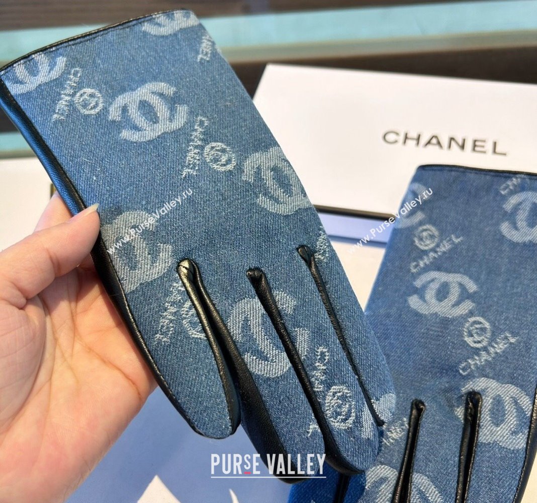 Chanel CC Denim and Leather Gloves Blue2 2024 1023 (A-241023128)