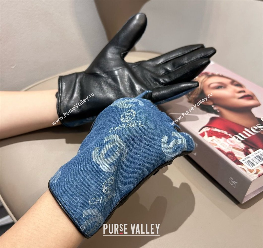 Chanel CC Denim and Leather Gloves Blue2 2024 1023 (A-241023128)