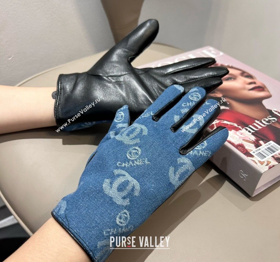 Chanel CC Denim and Leather Gloves Blue2 2024 1023 (A-241023128)