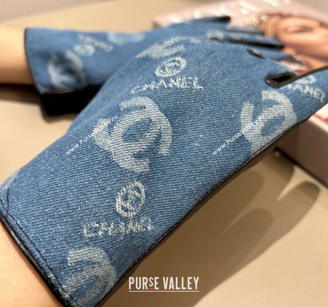 Chanel CC Denim and Leather Gloves Blue2 2024 1023 (A-241023128)