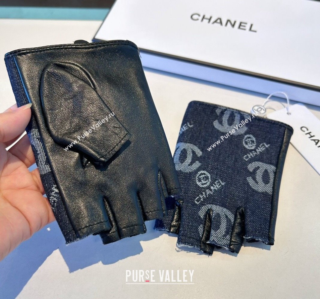 Chanel Denim and Leather Short Gloves Deep Blue 2024 1023 (A-241023130)