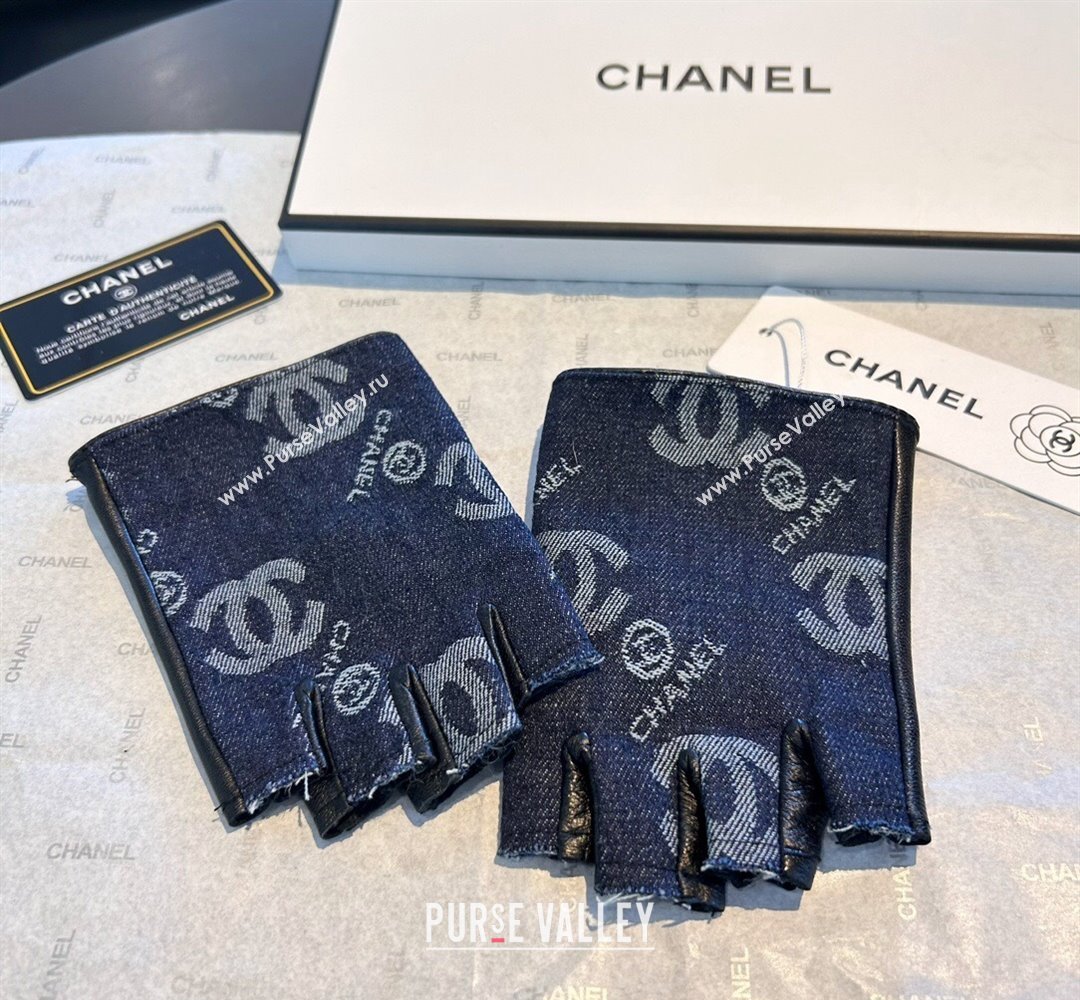 Chanel Denim and Leather Short Gloves Deep Blue 2024 1023 (A-241023130)