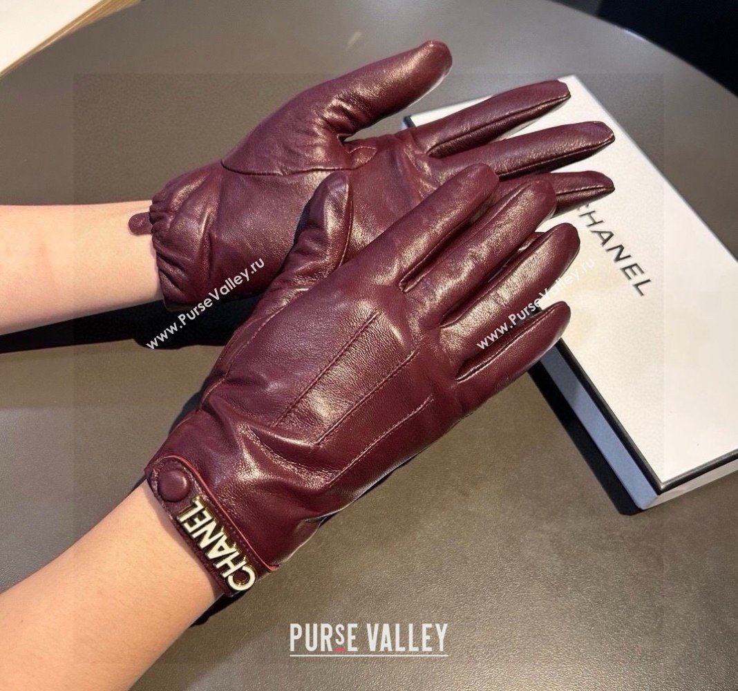 Chanel Lambskin and Cashmere Gloves with Logo Strap Burgundy 2024 1022 (A-241023143)