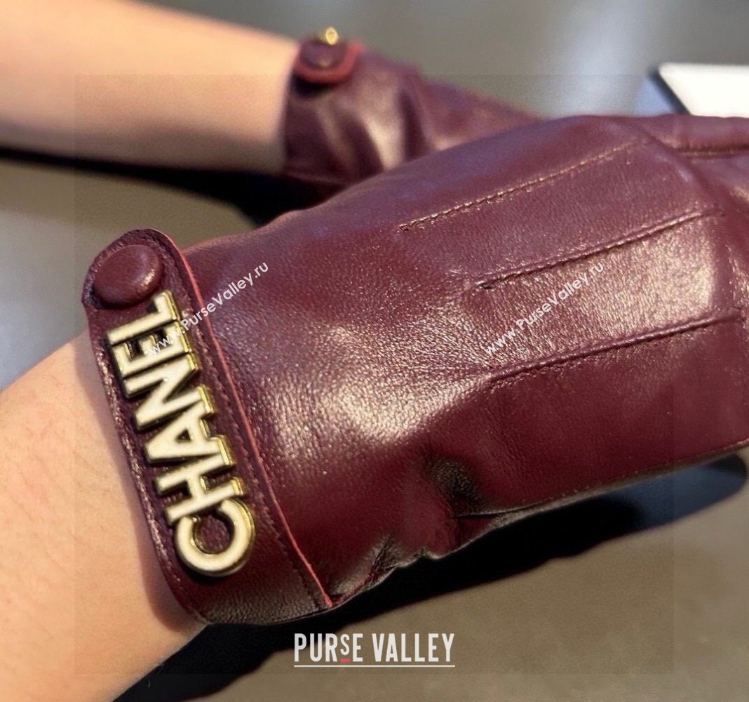 Chanel Lambskin and Cashmere Gloves with Logo Strap Burgundy 2024 1022 (A-241023143)