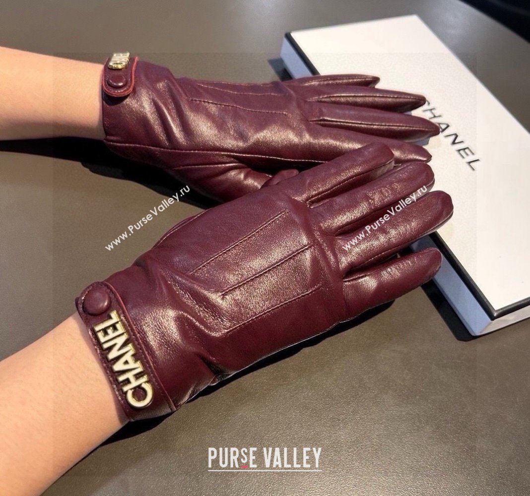 Chanel Lambskin and Cashmere Gloves with Logo Strap Burgundy 2024 1022 (A-241023143)